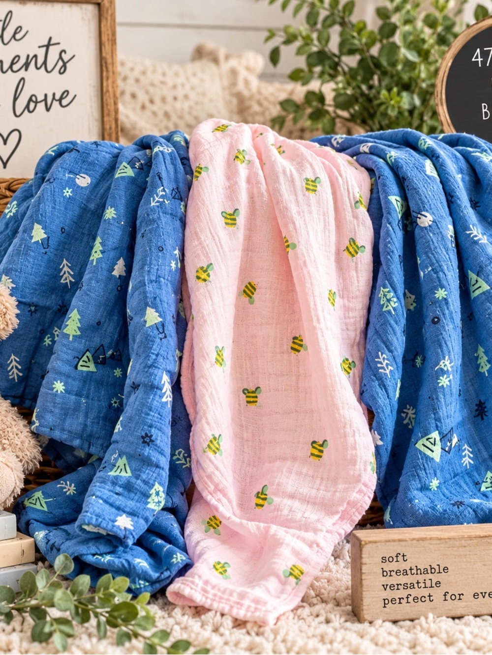 Cloud Island Muslin Swaddle Blankets Set of 3 Blue Pink 47x47